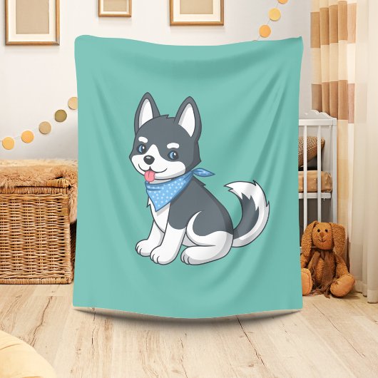 Cute Cartoon Husky Puppy Dog on Green フリースブランケット
