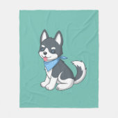 Cute Cartoon Husky Puppy Dog on Green フリースブランケット (正面)