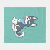Cute Cartoon Husky Puppy Dog on Green フリースブランケット (正面(横))