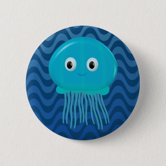 Cute Cartoon Jellyfish In Blue Waves 缶バッジ (正面)