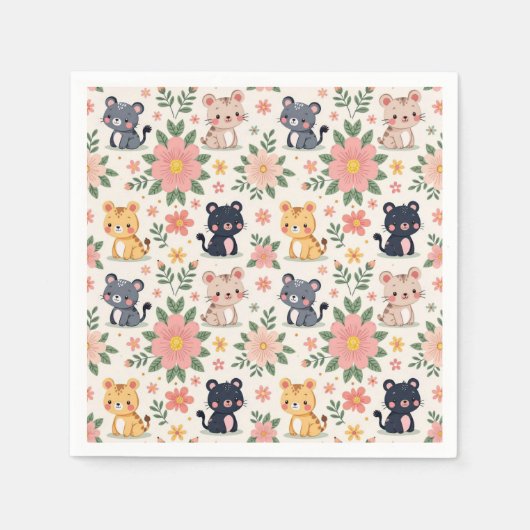 Cute Cartoon Jungle Cats and Flowers スタンダードカクテルナプキン (正面)
