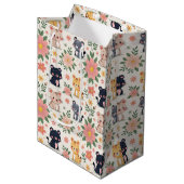 Cute Cartoon Jungle Cats and Flowers ミディアムペーパーバッグ (正面アングル)