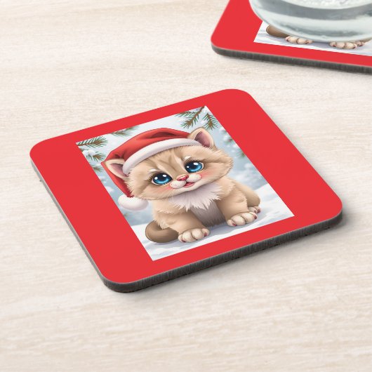 Cute cartoon kitten Christmas fun コースター (左側)