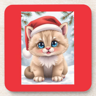 Cute cartoon kitten Christmas fun コースター