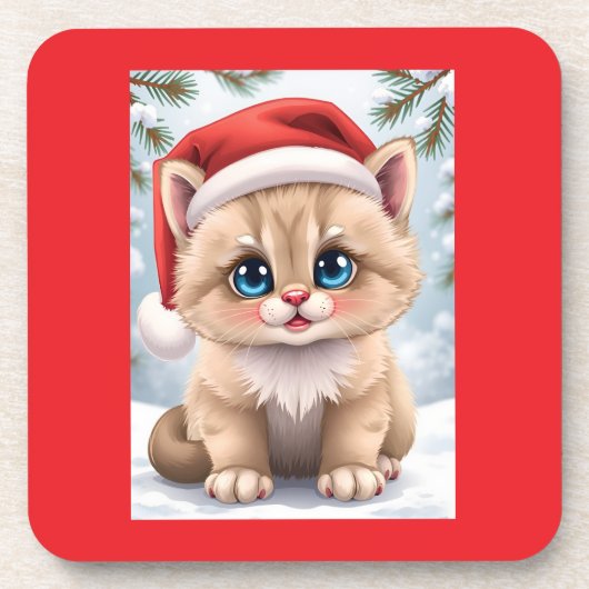 Cute cartoon kitten Christmas fun コースター (正面)