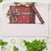 Cute Cartoon Kitten in a Box with Hearts キッチンタオル (折り畳み)