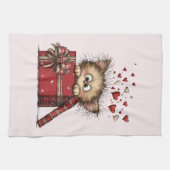 Cute Cartoon Kitten in a Box with Hearts キッチンタオル (横)