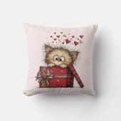 Cute Cartoon Kitten in a Box with Hearts クッション (正面)