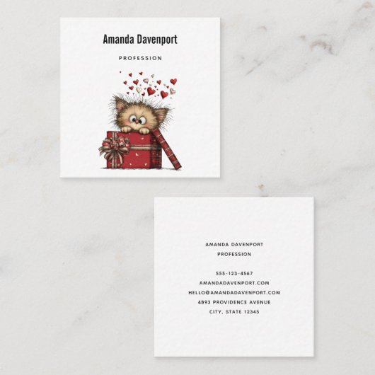 Cute Cartoon Kitten in a Box with Hearts スクエア名刺 (正面/裏面)