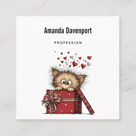 Cute Cartoon Kitten in a Box with Hearts スクエア名刺 (正面)