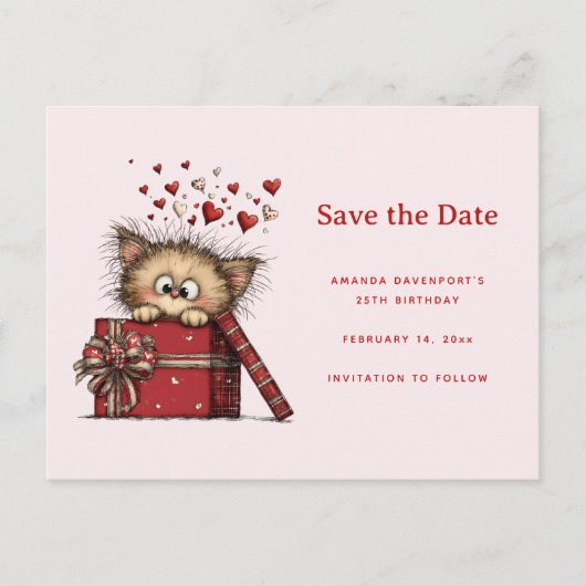 Cute Cartoon Kitten in a Box with Hearts 案内ポストカード (正面)