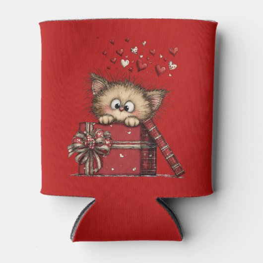 Cute Cartoon Kitten in a Box with Hearts 缶クーラー (正面)