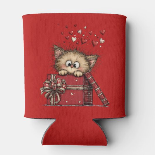 Cute Cartoon Kitten in a Box with Hearts 缶クーラー (裏面)