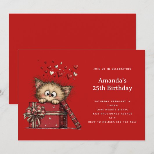 Cute Cartoon Kitten in a Box with Hearts Birthday 招待状 (正面/裏面)