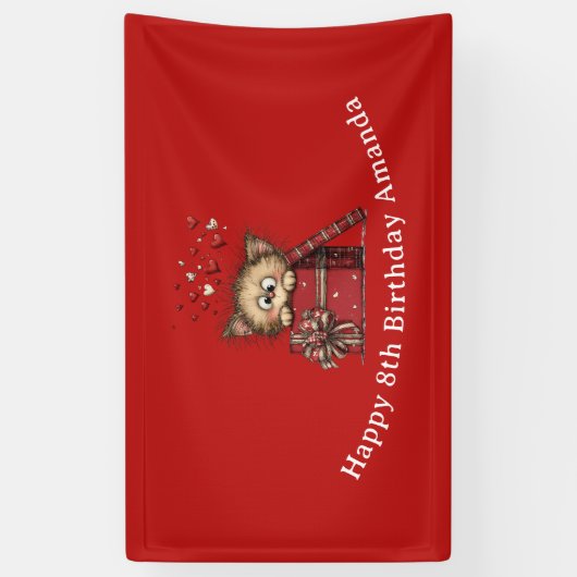 Cute Cartoon Kitten in a Box with Hearts Birthday 横断幕 (縦)