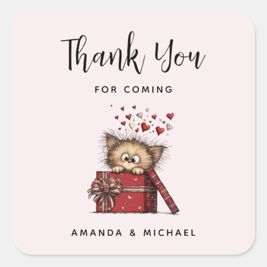 Cute Cartoon Kitten in a Box with Hearts Thank You スクエアシール (正面)