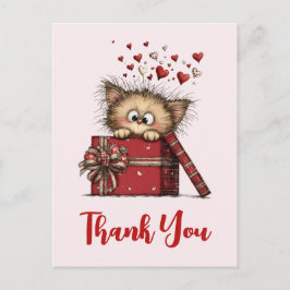 Cute Cartoon Kitten in a Box with Hearts Thank You ポストカード