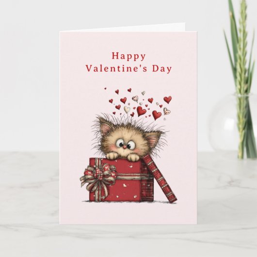 Cute Cartoon Kitten with Hearts Valentine's Day シーズンカード (正面)