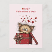 Cute Cartoon Kitten with Hearts Valentine's Day シーズンポストカード (正面)