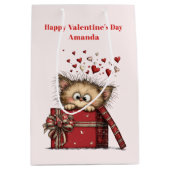 Cute Cartoon Kitten with Hearts Valentine's Day ミディアムペーパーバッグ (正面)