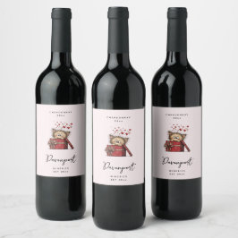 Cute Cartoon Kitten with Hearts Wine Making ワインラベル