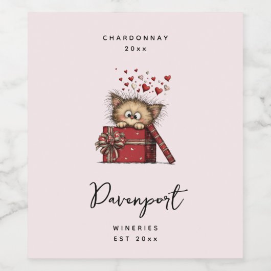 Cute Cartoon Kitten with Hearts Wine Making ワインラベル (シングルラベル)