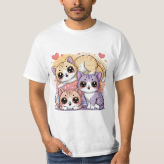 Cute Cartoon Kitty Trio with Hearts Tシャツ