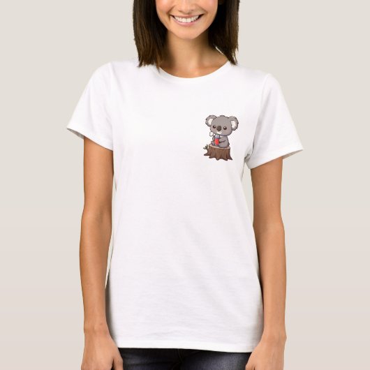 Cute Cartoon Koala with Steaming Thermos on Tree Tシャツ (正面)