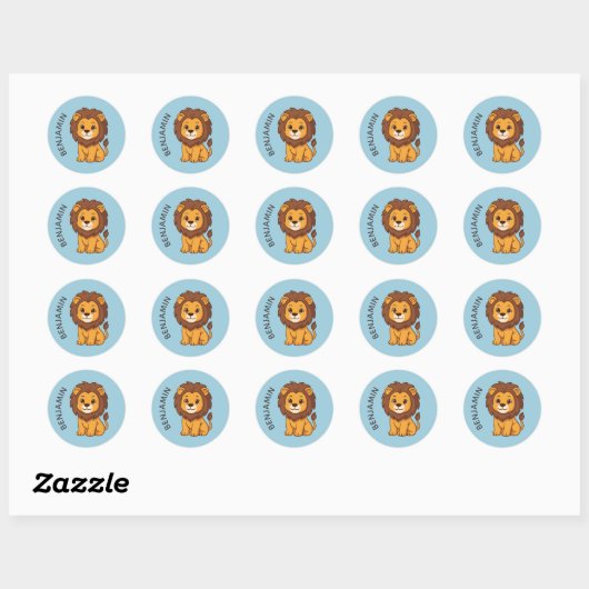 Cute Cartoon Lion Blue Custom Name ラウンドシール (シート)