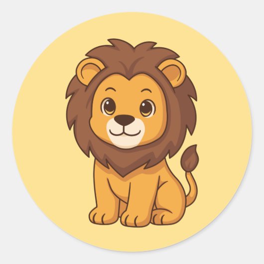 Cute Cartoon Lion on Yellow ラウンドシール (正面)