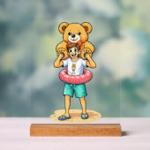 Cute Cartoon Man with Giant Teddy Bear Summer Fun アクリルサイン (ニュートラル)