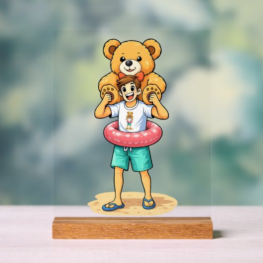 Cute Cartoon Man with Giant Teddy Bear Summer Fun アクリルサイン (ニュートラル)