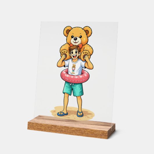 Cute Cartoon Man with Giant Teddy Bear Summer Fun アクリルサイン (傾斜)
