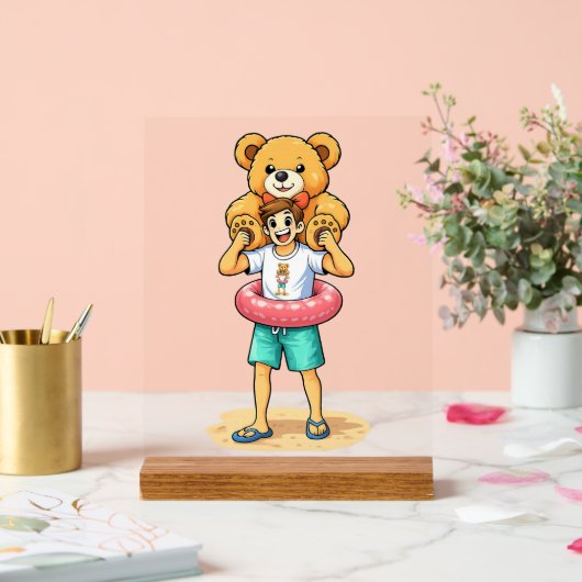 Cute Cartoon Man with Giant Teddy Bear Summer Fun アクリルサイン (ウェディング)