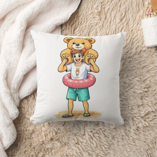 Cute Cartoon Man with Giant Teddy Bear Summer Fun クッション (ブランケット)
