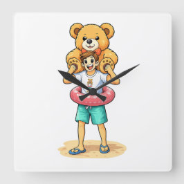 Cute Cartoon Man with Giant Teddy Bear Summer Fun スクエア壁時計