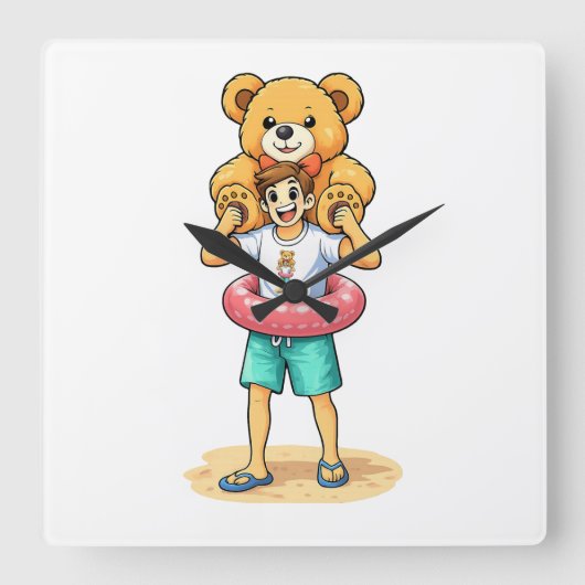 Cute Cartoon Man with Giant Teddy Bear Summer Fun スクエア壁時計 (正面)