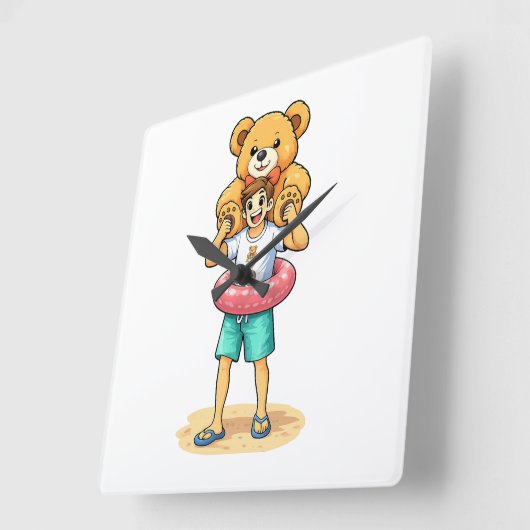 Cute Cartoon Man with Giant Teddy Bear Summer Fun スクエア壁時計 (傾斜)