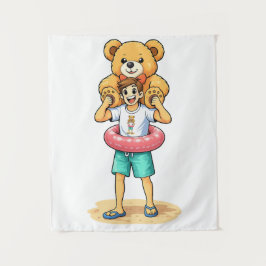 Cute Cartoon Man with Giant Teddy Bear Summer Fun タペストリー