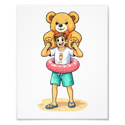 Cute Cartoon Man with Giant Teddy Bear Summer Fun フォトプリント (正面)