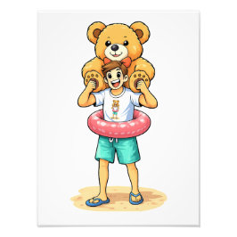 Cute Cartoon Man with Giant Teddy Bear Summer Fun フォトプリント