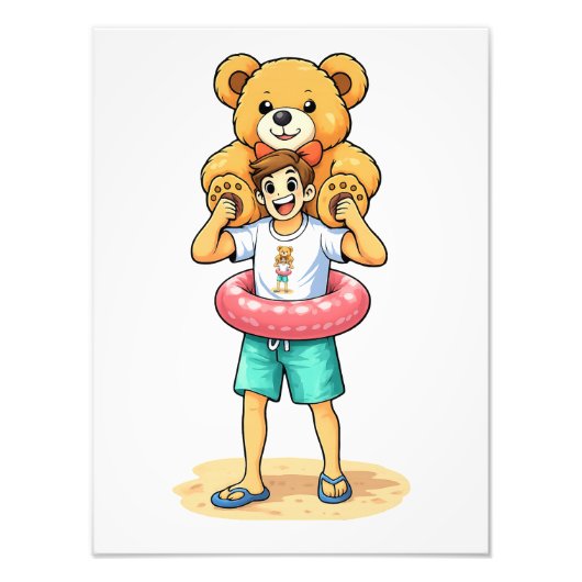 Cute Cartoon Man with Giant Teddy Bear Summer Fun フォトプリント (正面)