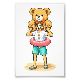 Cute Cartoon Man with Giant Teddy Bear Summer Fun フォトプリント