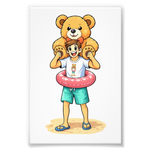 Cute Cartoon Man with Giant Teddy Bear Summer Fun フォトプリント (正面)