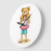Cute Cartoon Man with Giant Teddy Bear Summer Fun ラージ壁時計 (傾斜)