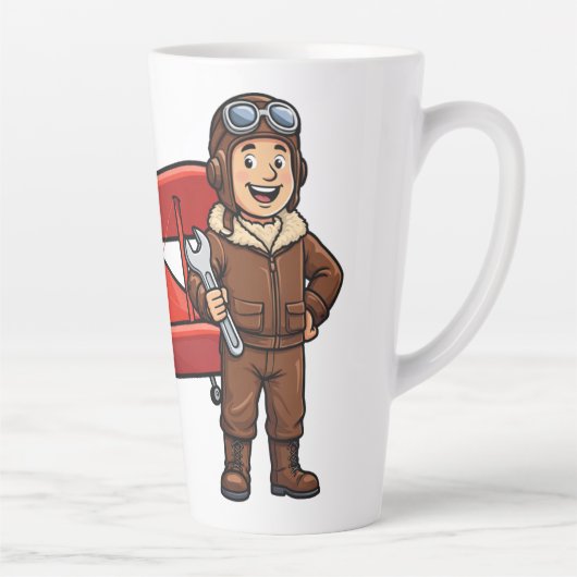 Cute Cartoon Mechanic with Red Car Illustration カフェラテマグ (右)