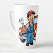 Cute Cartoon Mechanic with Red Car Illustration カフェラテマグ (左アングル)