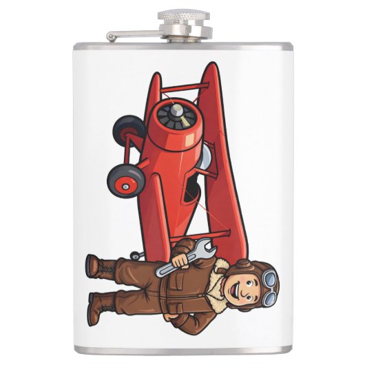 Cute Cartoon Mechanic with Red Car Illustration フラスク (正面)