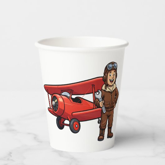 Cute Cartoon Mechanic with Red Car Illustration 紙コップ (正面)