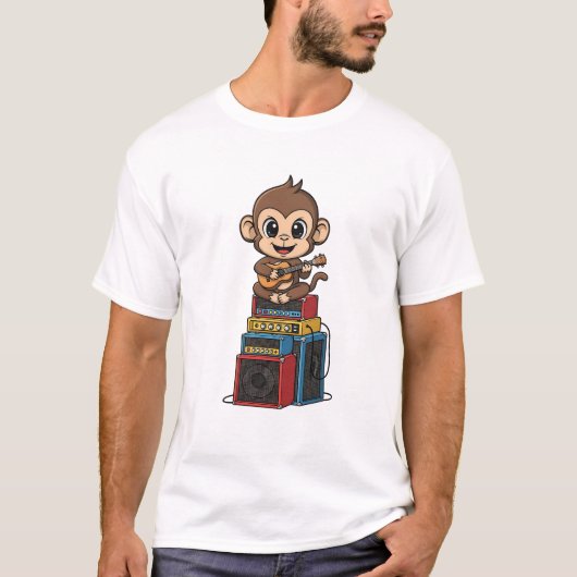 Cute Cartoon Monkey Musician Playing Ukulele Tシャツ (正面)